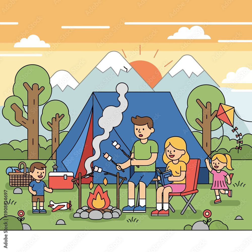 Naklejka premium Family camping, roasting marshmallows by campfire with tent and mountains