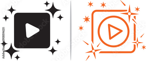 A dual-pane graphic featuring a solid black square with a white play button icon on the left, and an orange outlined play button icon with vibrant, magical sparkles on the right.