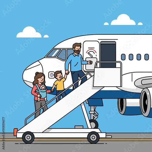 Family boarding airplane on stairs, travel concept illustration