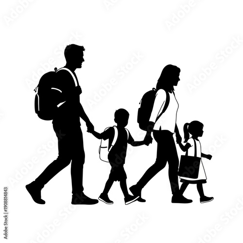 Family Silhouette Backpacks Walking