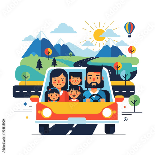 Happy family driving on road trip with scenic mountain landscape