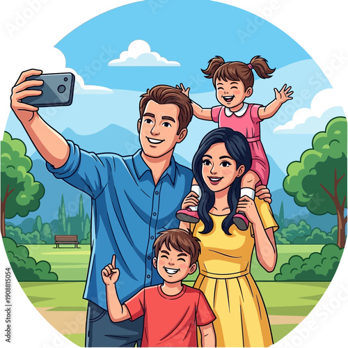 Happy family taking a selfie in a park on a sunny day