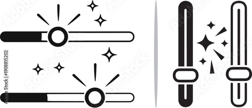 Two vector slider icons: horizontal black progress bars and vertical adjustment toggles with sparkling accents, representing user interface controls, customization, and fine-tuning settings.