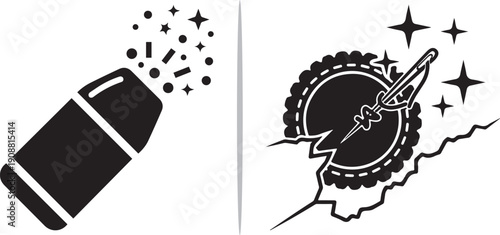 A dual-pane graphic featuring a black bullet emitting particles on the left, and a serrated circular saw blade slicing through a surface with magical sparkles on the right.