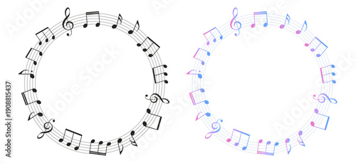 楽譜の円形フレームイラスト　五線譜　背景イラスト　音符、音楽記号のイラスト