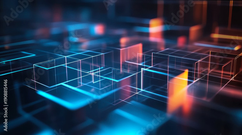 Colorful neon rectangles floating and creating a futuristic and technological background