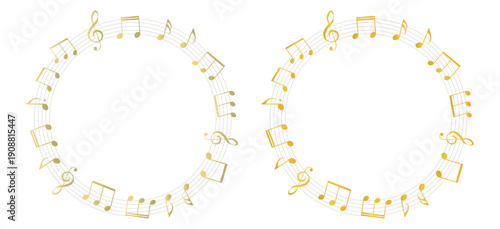 ゴールドの楽譜の円形フレームイラスト　五線譜　背景イラスト　音符、音楽記号のイラスト