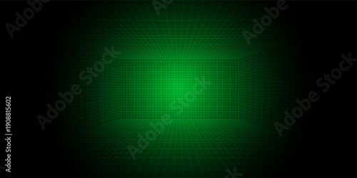 Futuristic perspective grid box. Abstract wireframe with white grid line on black background. Virtual reality landscape in 80s 90s digital style. Vector illustration.