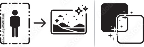 A three-part vector graphic showing a person transforming into a landscape photo, followed by a dark square being layered with a sparkling, translucent frame.