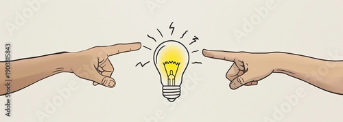 Hands Pointing at Lit Lightbulb. Concept, brainstorm, innovation. Whiteground
