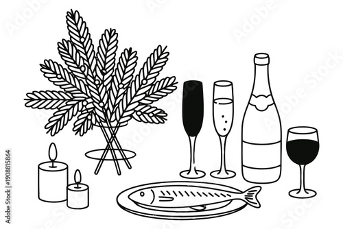 Elegant dinner setup with wine, fish, and candlelight.