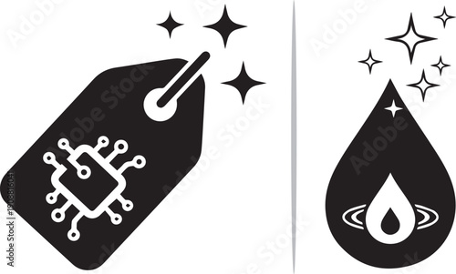 Two black vector icons: a price tag featuring a digital circuit chip and a liquid droplet with a smaller drop inside, representing tech products, smart pricing, and refined fluid purity.