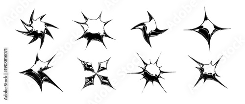 Black y2k abstract shapes in 3d inflated style. Hardcore stars, sparkles and sparks design element collection. Vector grunge balloon icon set for poster, banner, collage, flyer, streetwear, party