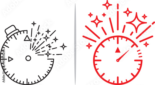 A dual-pane graphic featuring a black-and-white stopwatch with starburst accents on the left, and a vibrant red stopwatch emitting energetic sparkles and rays on the right.