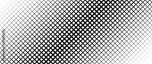Black thin to thick net pattern gradient. Fading slanted grid texture background. Diagonal mesh backdrop for overlay, print, cover, banner, poster. Vanishing overlapping lattice wallpaper. Vector