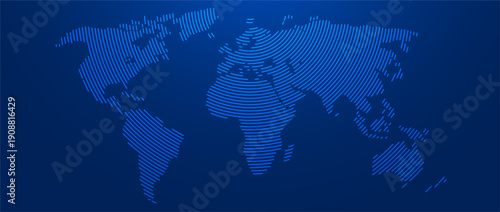 Blue glowing linear world map concept. Abstract neon lined globe worldmap for poster, banner, brochure, flyer, booklet, presentation. Curved line continent infographics wallpaper. Vector illustration