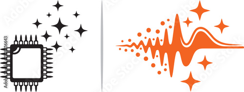 Two digital vector icons: a black microchip with decorative stars and an orange soundwave frequency with sparkles, representing advanced hardware, audio processing, and tech performance.