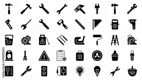 Collection of black and white construction tools and equipment icons for industrial and diy projects
