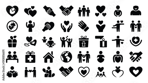 Collection of black icons depicting charity love and helping hands on white background