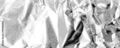 Halftone rough wrinkled foil background. Dotted crumpled metallic overlay. Pixelated creasy surface in comic pop art style. Black creased bitmap texture. Vector grain cartoon gritty paper wallpaper