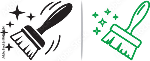 A dual-pane graphic showing a black brush icon with motion lines and stars on the left, and a green outlined brush icon emitting sparkles on the right.