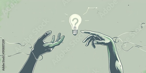Hands reaching for lightbulb idea, potential on a pale backdrop, innovation use