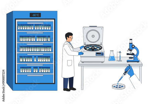 Laboratory equipment and researcher conducting scientific experiment with centrifuge and microscope