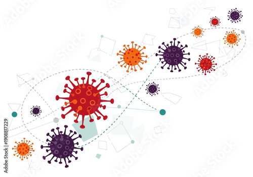 Abstract visualization of microscopic viral particles spreading in a dynamic, interconnected network, representing a pandemic or infectious disease outbreak