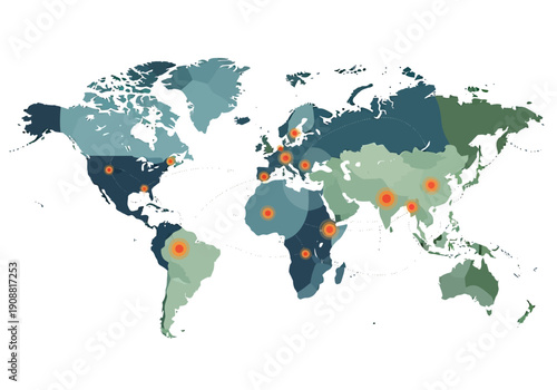Global Map Illustrating Population Density and Major Urban Centers with Data Visualization