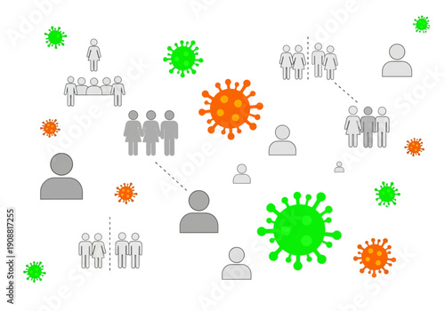 Social distancing and virus spread concept with icons representing people and the spread of disease