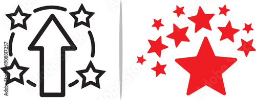 An upward-pointing arrow surrounded by stars and a cluster of red stars, symbolizing growth, success, high performance, and top-tier achievement in a minimalist vector style.