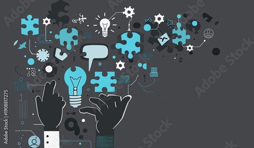 Hands reaching for ideas; jigsaw pieces float on diagram backdrop. Illustration