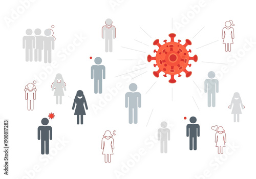 Visualizing the spread of a virus through a population, illustrating contagion and social distancing measures