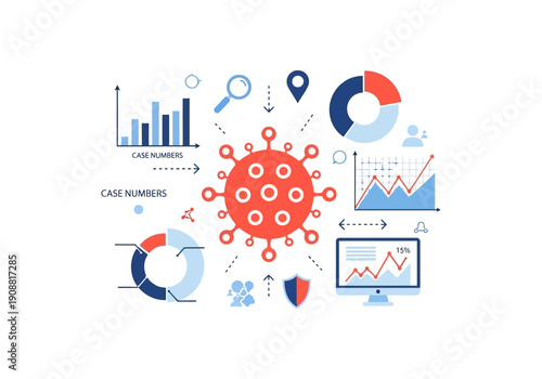 Illustrating the global impact of viruses and pandemics with data analysis and charts, depicting viral spread and public health responses