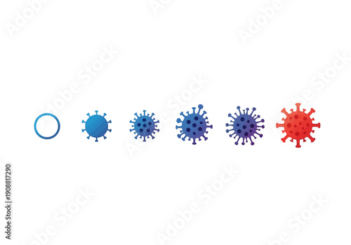 Illustration of the progression of a virus from its initial stage to a fully formed and spreading contagion