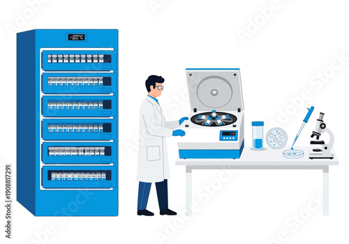 Laboratory equipment including a centrifuge, microscope, and freezer for scientific research and medical analysis