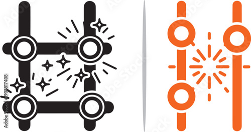 A dual-pane graphic featuring a black grid icon with sparkling accents and an orange slider control interface with a central radial sunburst effect.