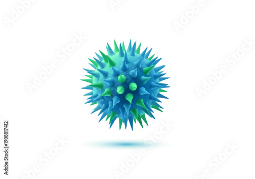 Close-up view of a spiky blue and green spherical virus particle, showcasing its intricate and detailed structure against a white background