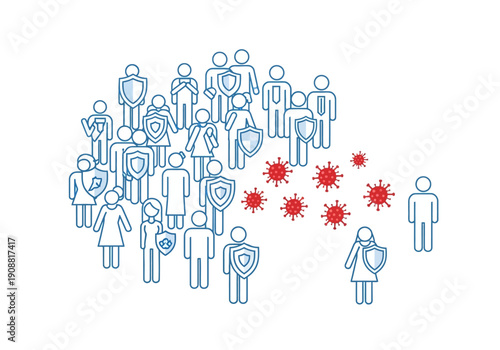 Concept of immunity and protection against virus spread in a crowd, medical illustration