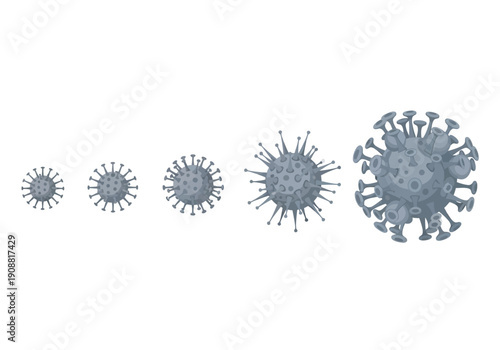 Microscopic view of a virus, showing a progression in size from small to large, symbolizing growth and multiplication of infection
