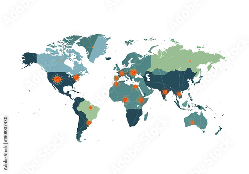 Global spread of viruses and infectious diseases visualized on a world map with outbreak hotspots