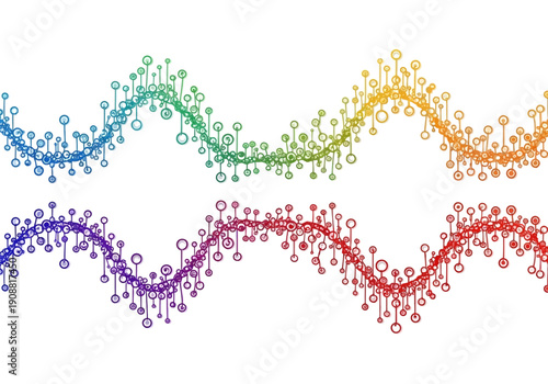 Vibrant digital illustration of wavy lines and particles, showcasing dynamic movement and colorful patterns from a front viewpoint