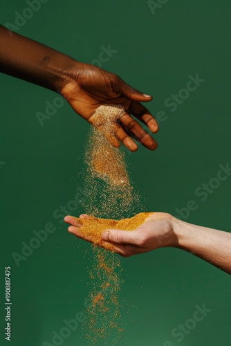 Hands sharing powder against green wall. Concept Diversity, sharing, collaboration