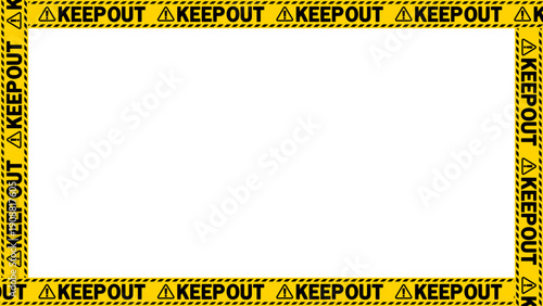 「立入禁止」「keep out」の警告テープのフレーム。テキストエリア。コピースペース。（"keep out" warning tape frame. Text area. Copy space.）
