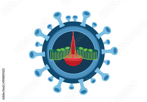 Virus illustration with red spike and green DNA strand in circular blue frame