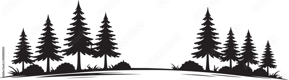 Obraz premium Silhouette border of evergreen trees and bushes on rolling hills, representing a natural landscape vista.