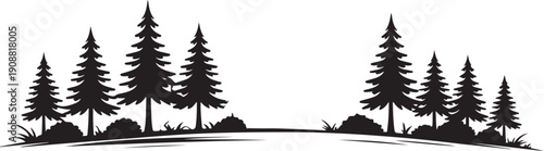 Silhouette border of evergreen trees and bushes on rolling hills, representing a natural landscape vista.