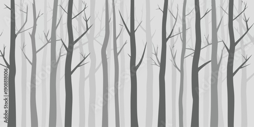 Abstract background of tall, bare tree trunks in various shades of gray, creating a stark, monochrome forest.