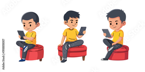 Digital Engagement Young Boy Sitting Using Mobile Technology