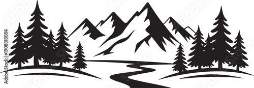 Mountain range with winding river and pine trees on transparent background